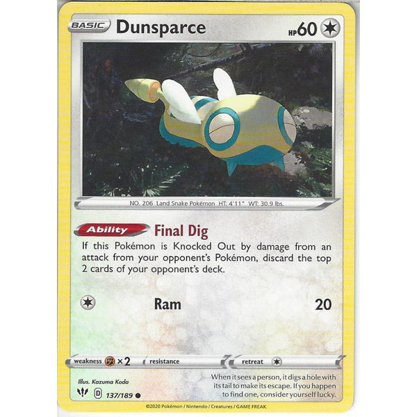 Pokemon Trading Card Game 137/189 Dunsparce | Common Card | SWSH-03 Darkness Ablaze