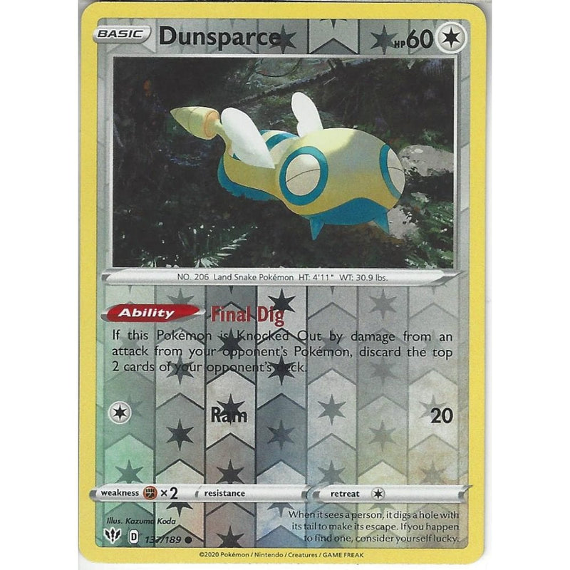 137/189 Dunsparce | Common Reverse Holo Card | SWSH-03 Darkness Ablaze
