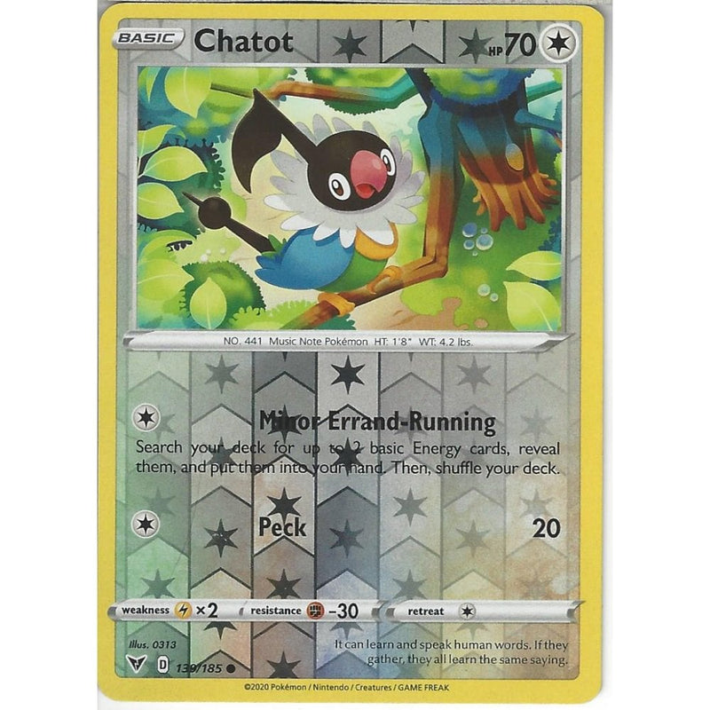 Pokemon Trading Card Game 139/185 Chatot | Common Reverse Holo Card | SWSH-04 Vivid Voltage