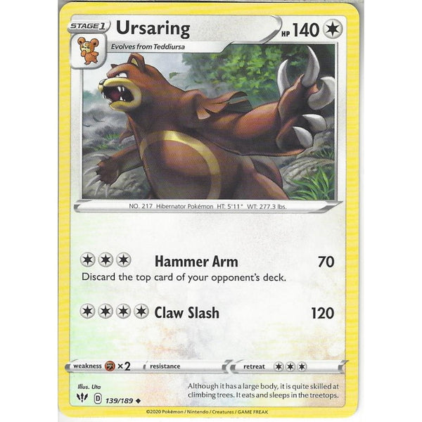Pokemon Trading Card Game 139/189 Ursaring | Uncommon Card | SWSH-03 Darkness Ablaze