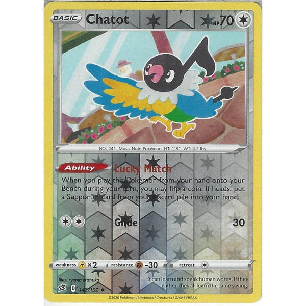 Pokemon Trading Card Game 142/192 Chatot | Uncommon Reverse Holo Card | Sword &amp; Shield Rebel Clash