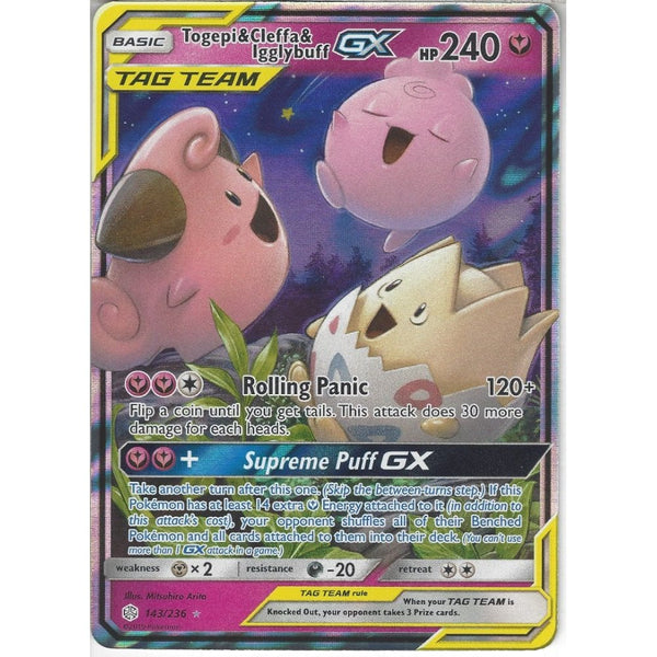 Pokemon Trading Card Game 143/236 Togepi &amp; Cleffa &amp; Igglybuff TAG TEAM GX | Rare Holo GX Card | SM12 Cosmic Eclipse