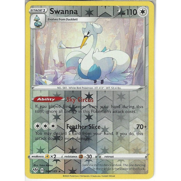 Pokemon Trading Card Game 149/189 Swanna | Rare Reverse Holo Card | SWSH-03 Darkness Ablaze