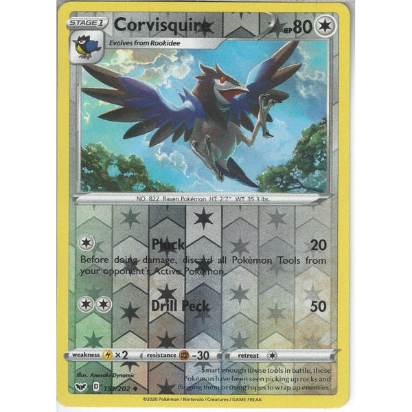 Pokemon Trading Card Game 151/202 Corvisquire | Uncommon Reverse Holo Card | Sword &amp; Shield (Base Set)