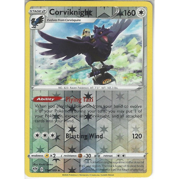 Pokemon Trading Card Game 156/189 Corviknight | Rare Reverse Holo Card | SWSH-03 Darkness Ablaze