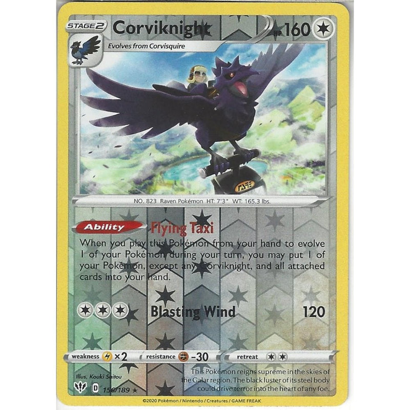 Pokemon Trading Card Game 156/189 Corviknight | Rare Reverse Holo Card | SWSH-03 Darkness Ablaze