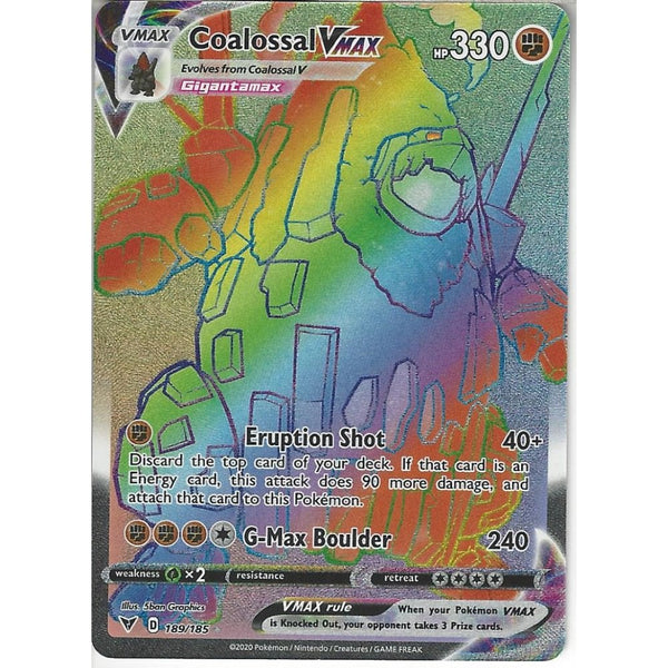 Pokemon Trading Card Game 189/185 Coalossal VMAX | Rare Rainbow Card | SWSH-04 Vivid Voltage