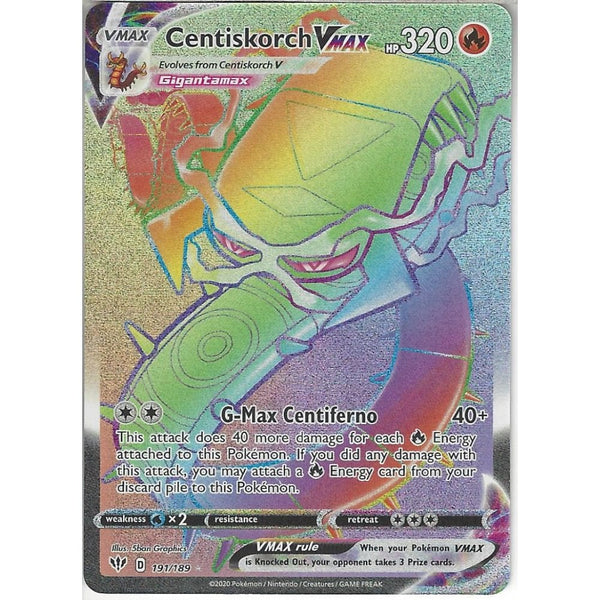 Pokemon Trading Card Game 191/189 Centiskorch VMAX | Rare Rainbow Card | SWSH-03 Darkness Ablaze