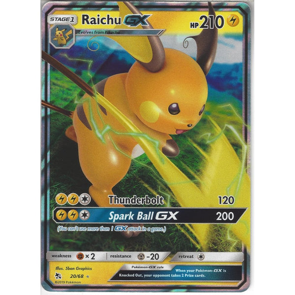 Pokemon Trading Card Game 20/68 Raichu GX | Rare Holo GX Card | Hidden Fates