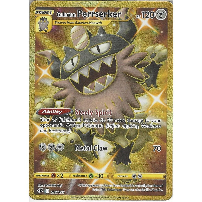 205/192 Galarian Perrserker | Gold Secret Rare Card | Sword & Shield R - Recaptured LTD 205/192 Galarian Perrserker | Gold Secret Rare Card | Sword & Shield R - Recaptured LTD