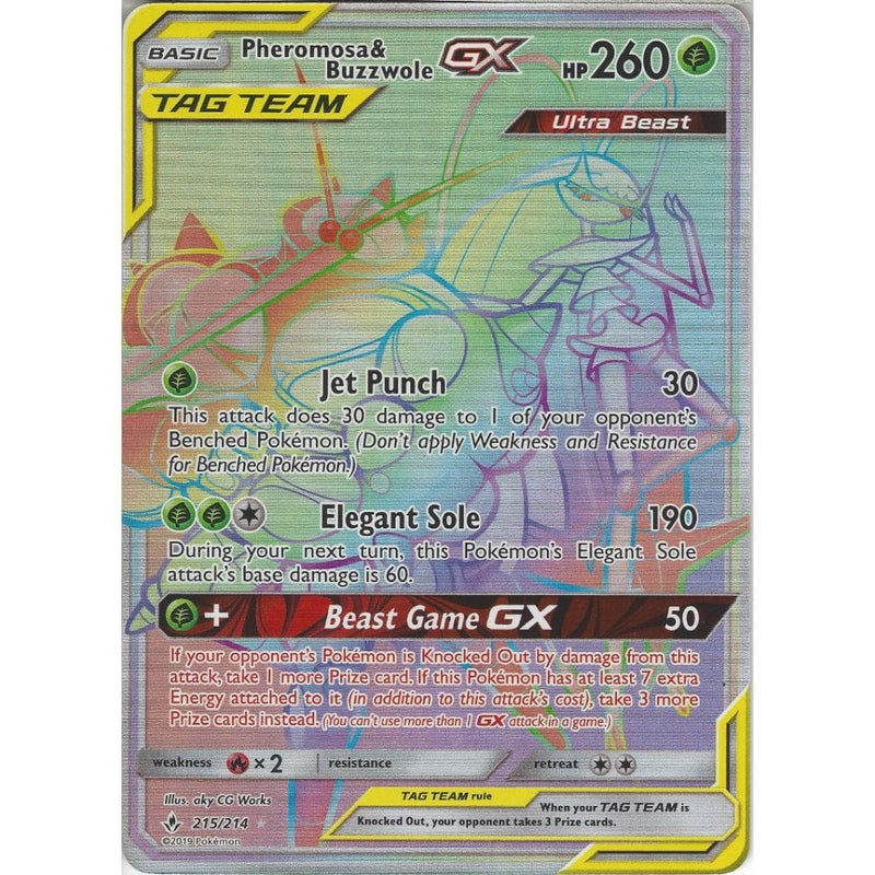 215/214 Pheromosa & Buzzwole GX TAG TEAM | Rare Rainbow Card | SM10 Un - Recaptured LTD 215/214 Pheromosa & Buzzwole GX TAG TEAM | Rare Rainbow Card | SM10 Un - Recaptured LTD
