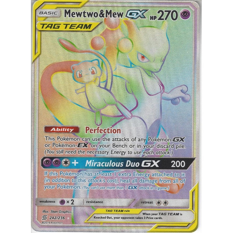 242/236 Mewtwo & Mew TAG TEAM GX | Rare Rainbow Card | SM11 Unified Mi - Recaptured LTD 242/236 Mewtwo & Mew TAG TEAM GX | Rare Rainbow Card | SM11 Unified Mi - Recaptured LTD