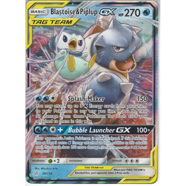 Pokemon Trading Card Game 38/236 Blastoise &amp; Piplup TAG TEAM GX | Rare Holo GX Card | SM12 Cosmic Eclipse