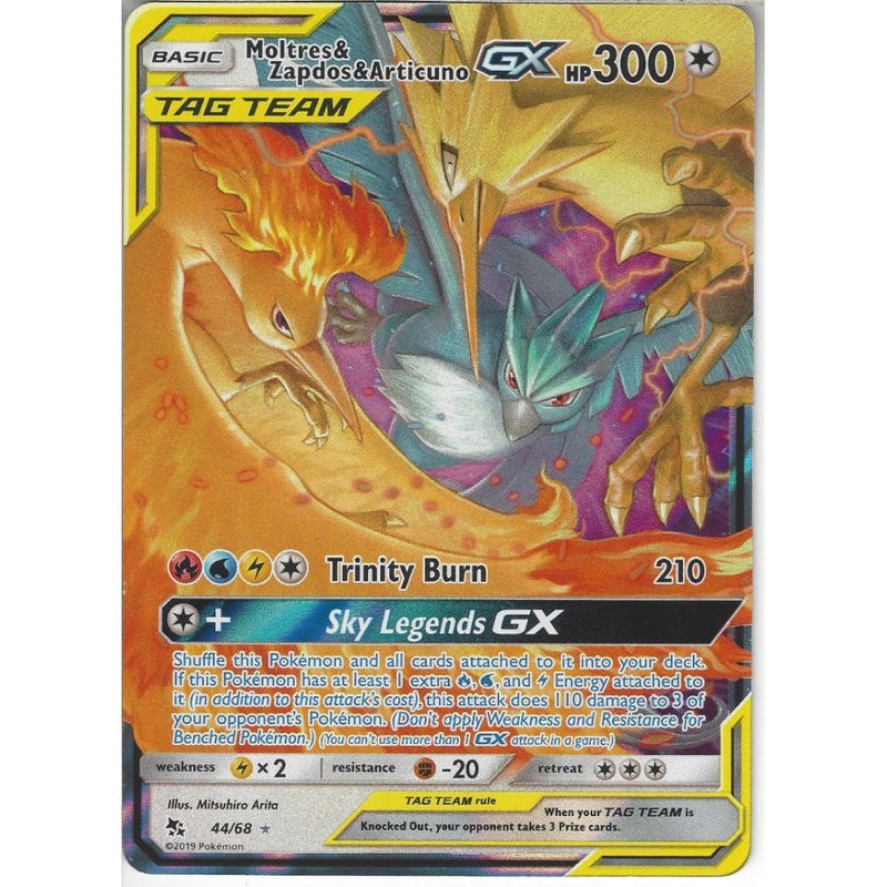 Pokemon Trading Card Game 44/68 Moltres &amp; Zapdos &amp; Articuno TAG TEAM GX | Rare Holo GX Card | Hidden Fates