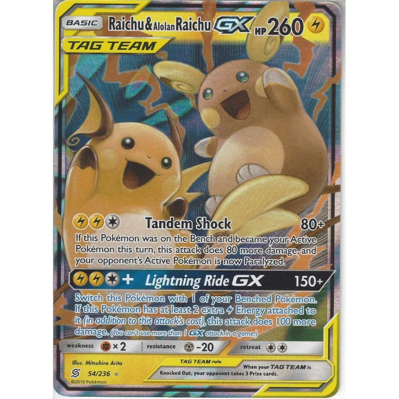 54/236 Raichu & Alolan Raichu TAG TEAM GX | Rare Holo GX Card | SM11 U - Recaptured LTD 54/236 Raichu & Alolan Raichu TAG TEAM GX | Rare Holo GX Card | SM11 U - Recaptured LTD