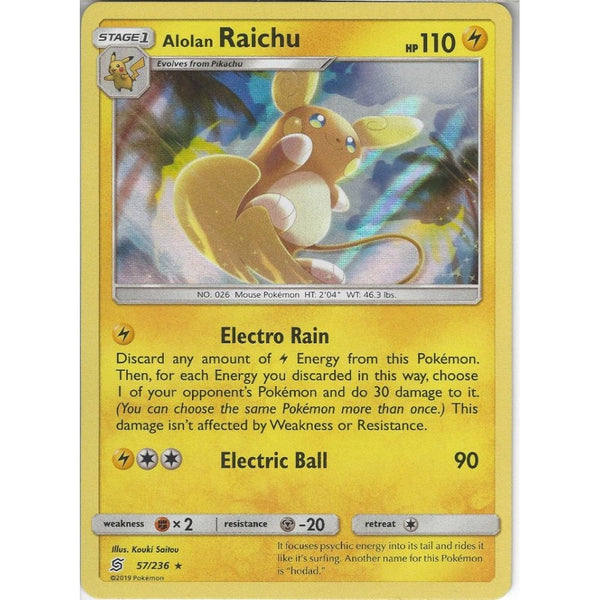 Pokemon Trading Card Game 57/236 Alolan Raichu | Rare Holo Card | SM11 Unified Minds