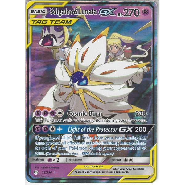 Pokemon Trading Card Game 75/236 Solgaleo &amp; Lunala TAG TEAM GX | Rare Holo GX Card | SM12 Cosmic Eclipse
