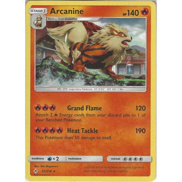 Pokemon Trading Card Game Arcanine - 22/214 - Rare Holo Card - SM10 Unbroken Bonds