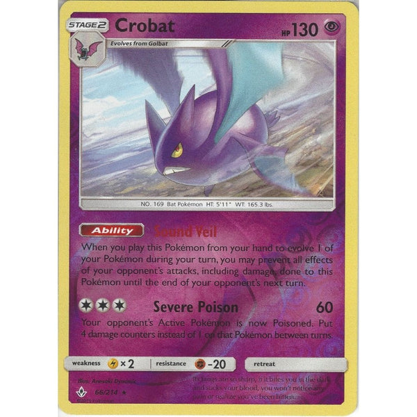 Pokemon Trading Card Game Crobat - 66/214 - Rare Reverse Holo Card - SM10 Unbroken Bonds