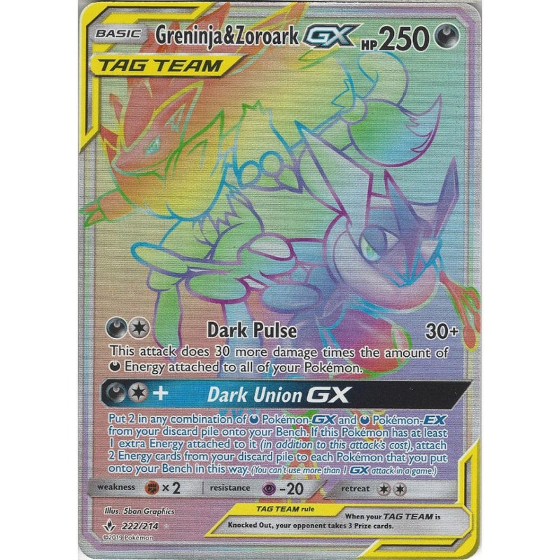 Greninja & Zoroark GX TAG TEAM - 222/214 - Rare Rainbow Card - SM10 Un - Recaptured LTD Greninja & Zoroark GX TAG TEAM - 222/214 - Rare Rainbow Card - SM10 Un - Recaptured LTD