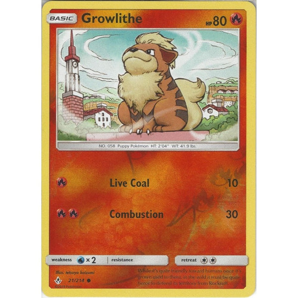 Pokemon Trading Card Game Growlithe - 21/214 - Common Reverse Holo Card - SM10 Unbroken Bonds