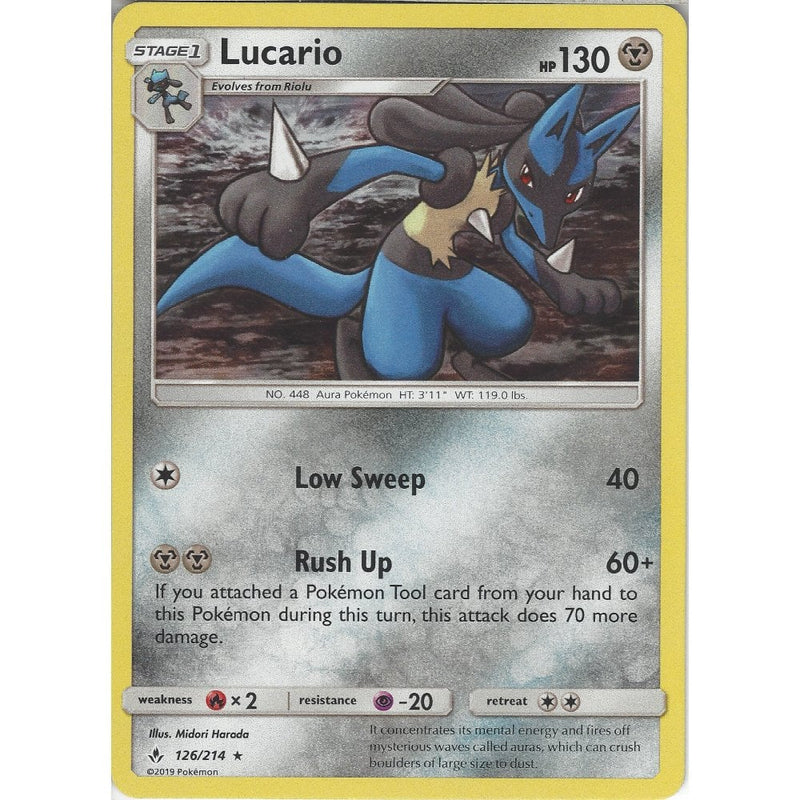 Lucario - 126/214 - Rare Holo Card - SM10 Unbroken Bonds - Recaptured LTD Lucario - 126/214 - Rare Holo Card - SM10 Unbroken Bonds - Recaptured LTD