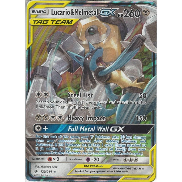 Pokemon Trading Card Game Lucario &amp; Melmetal GX TAG TEAM - 120/214 - Rare Holo GX Card - SM10 Unbroken Bonds
