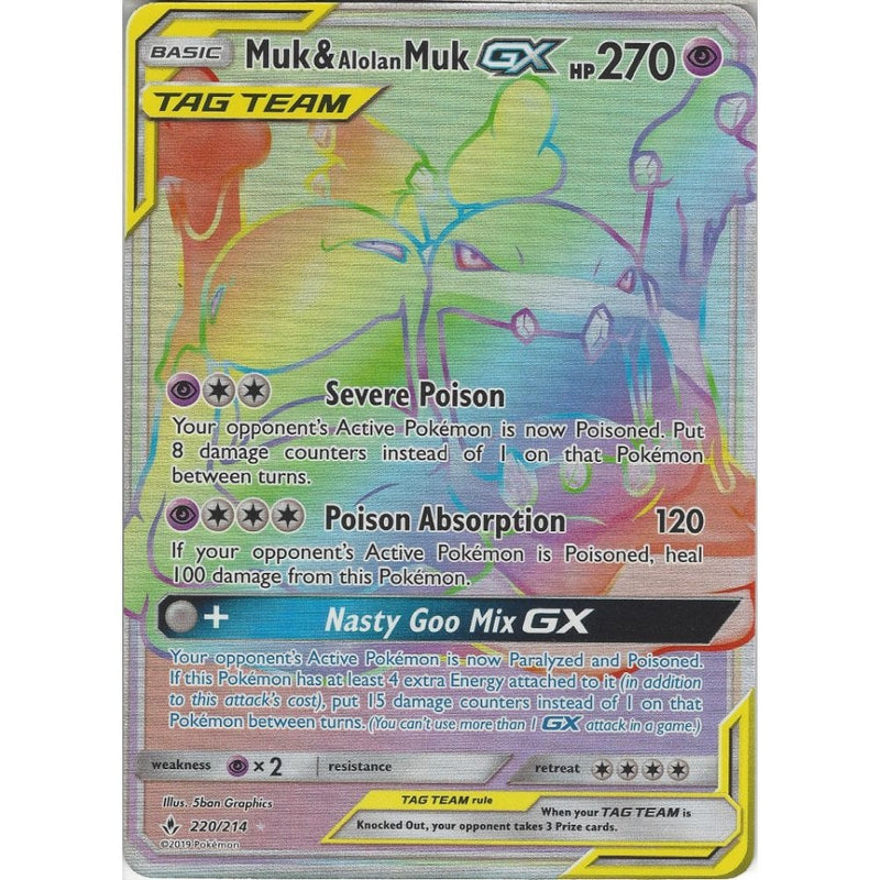 alolan muk gx pokemon card Muk & Alolan Muk GX TAG TEAM - 220/214 - Rare Rainbow Card - SM10 Unbr