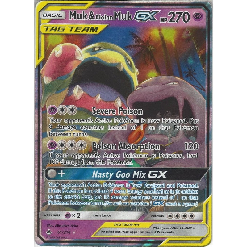 Muk & Alolan Muk GX TAG TEAM - 61/214 - Rare Holo GX Card - SM10 Unbro - Recaptured LTD Muk & Alolan Muk GX TAG TEAM - 61/214 - Rare Holo GX Card - SM10 Unbro - Recaptured LTD