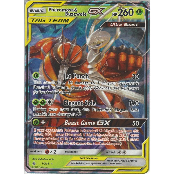 Pokemon Trading Card Game Pheromosa &amp; Buzzwole GX TAG TEAM - 1/214 - Rare Holo GX Card - SM10 Unbroken Bonds