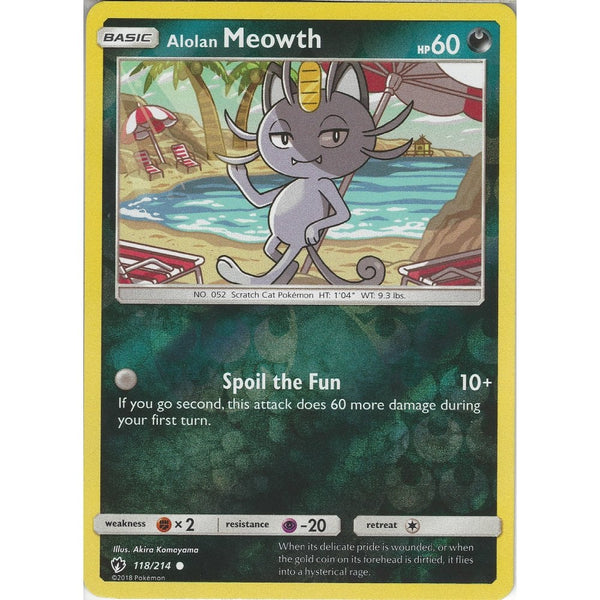 Pokemon Alolan Meowth - 118/214 - Common Reverse Holo Card - SM8 Lost Thunder