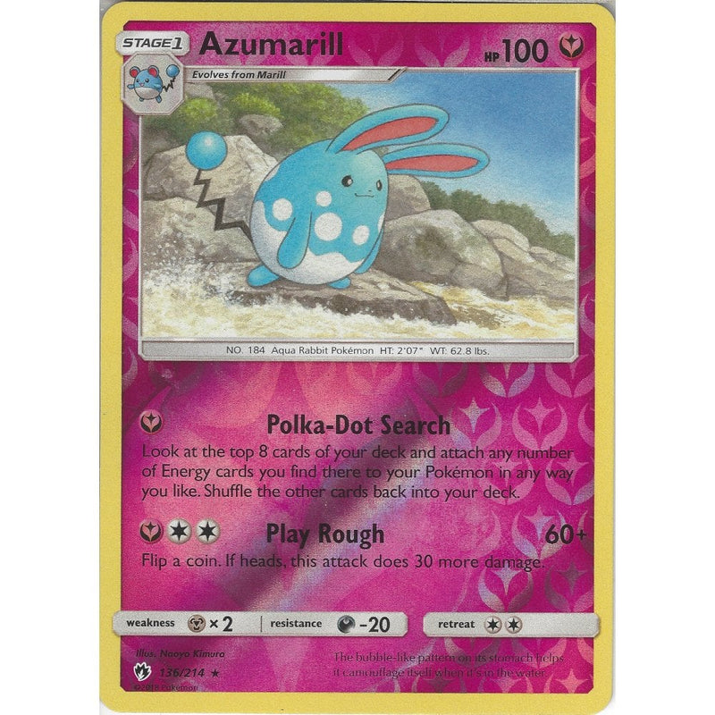 pokemon azumarill card Pokemon Azumarill - 136/214 - Rare Reverse Holo Card - SM8 Lost Thunde