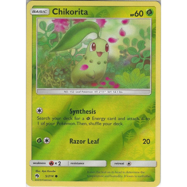 Pokemon Chikorita - 5/214 - Common Reverse Holo Card - SM8 Lost Thunder