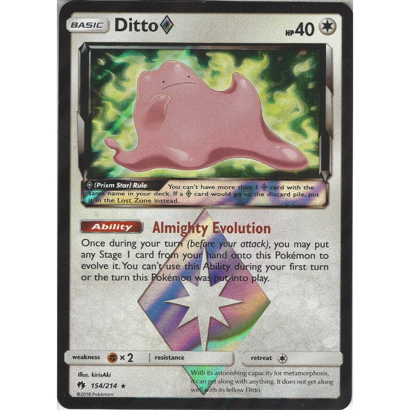 Pokemon Ditto Prism Star - 154/214 - Rare Holo Card - SM8 Lost Thunder - Recaptured LTD Pokemon Ditto Prism Star - 154/214 - Rare Holo Card - SM8 Lost Thunder - Recaptured LTD