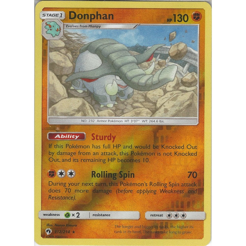 Pokemon Donphan - 112/214 - Rare Reverse Holo Card - SM8 Lost Thunder - Recaptured LTD Pokemon Donphan - 112/214 - Rare Reverse Holo Card - SM8 Lost Thunder - Recaptured LTD