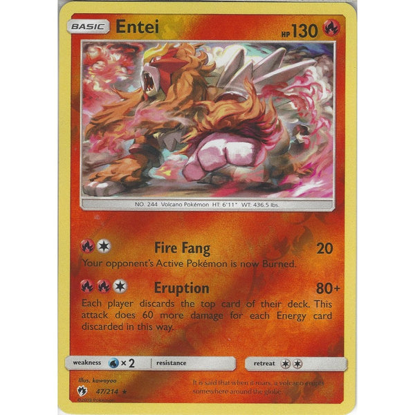 Pokemon Entei - 47/214 - Rare Reverse Holo Card - SM8 Lost Thunder