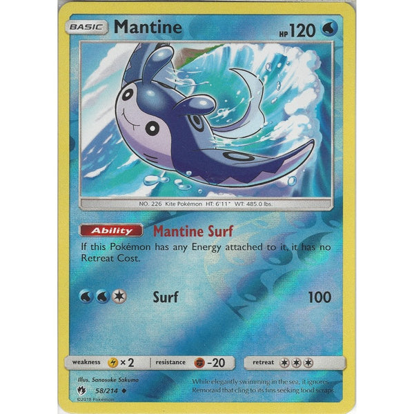 Pokemon Mantine - 58/214 - Uncommon Reverse Holo Card - SM8 Lost Thunder