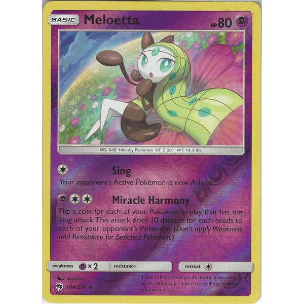 Pokemon Meloetta - 104/214 - Rare Reverse Holo Card - SM8 Lost Thunder