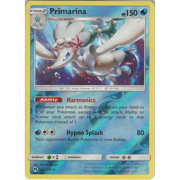 Pokemon Primarina - 67/214 - Rare Reverse Holo Card - SM8 Lost Thunder