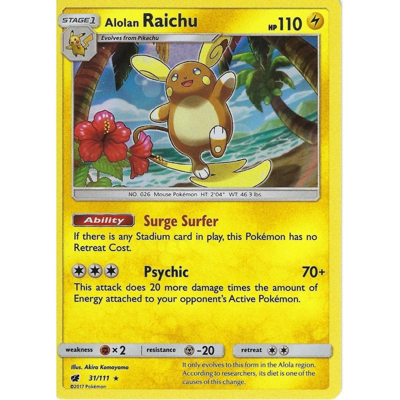 Pokemon SM-4 Crimson Invasion Card: ALOLAN RAICHU - 31/111 - Holo - Recaptured LTD Pokemon SM-4 Crimson Invasion Card: ALOLAN RAICHU - 31/111 - Holo - Recaptured LTD