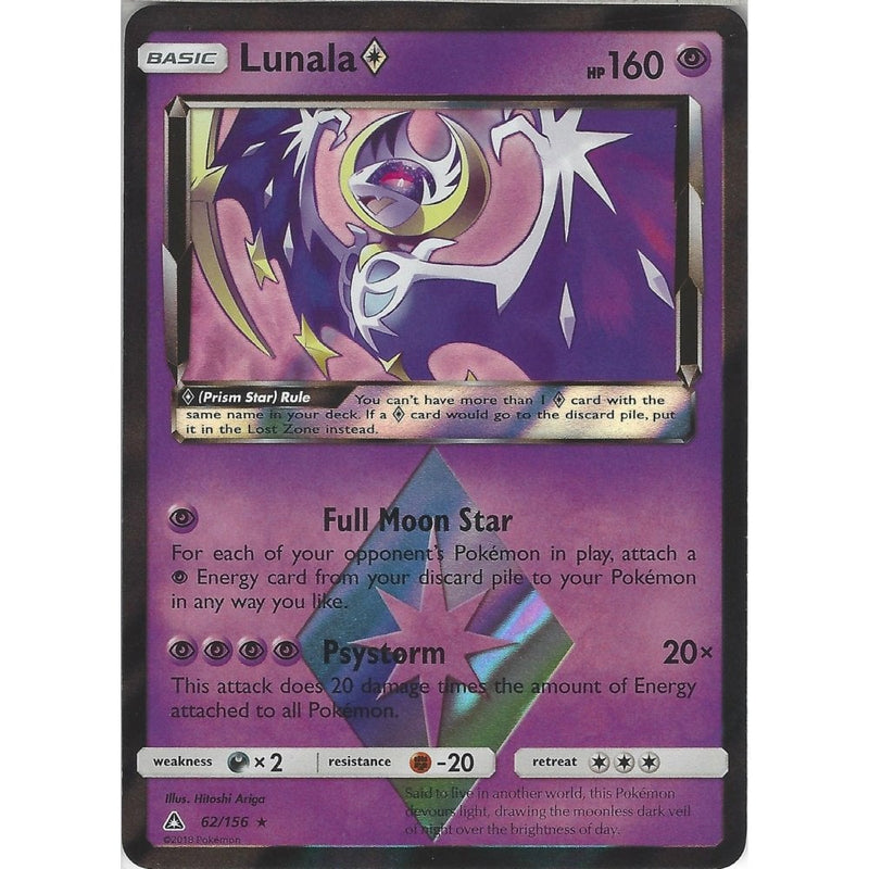 Pokemon SM-5 Ultra Prism Card: Lunala Prism Star - 62/156 - Rare Holo - Recaptured LTD Pokemon SM-5 Ultra Prism Card: Lunala Prism Star - 62/156 - Rare Holo - Recaptured LTD