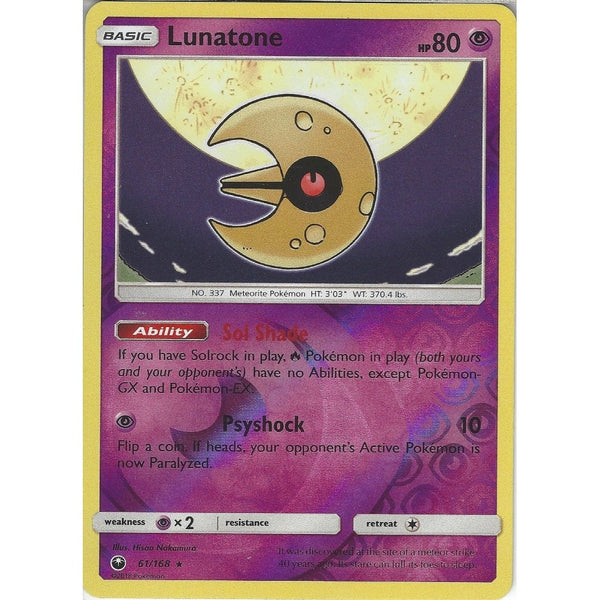 Pokemon SM Celestial Storm Card: Lunatone - 61/168 - Rare Reverse Holo