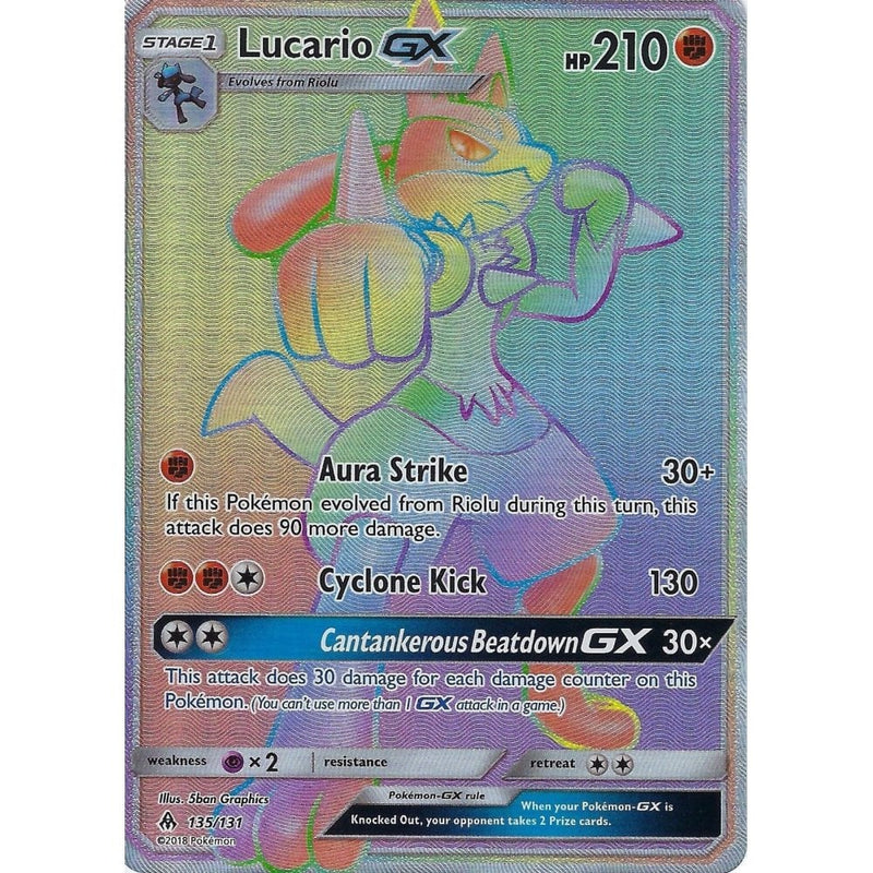 Pokemon SM Forbidden Light Card: Lucario GX - 135/131 - Rainbow Rare H - Recaptured LTD Pokemon SM Forbidden Light Card: Lucario GX - 135/131 - Rainbow Rare H - Recaptured LTD