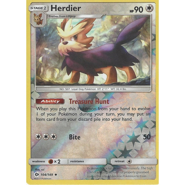 POKEMON Sun &amp; Moon Card HERDIER - 104/149 - REVERSE HOLO