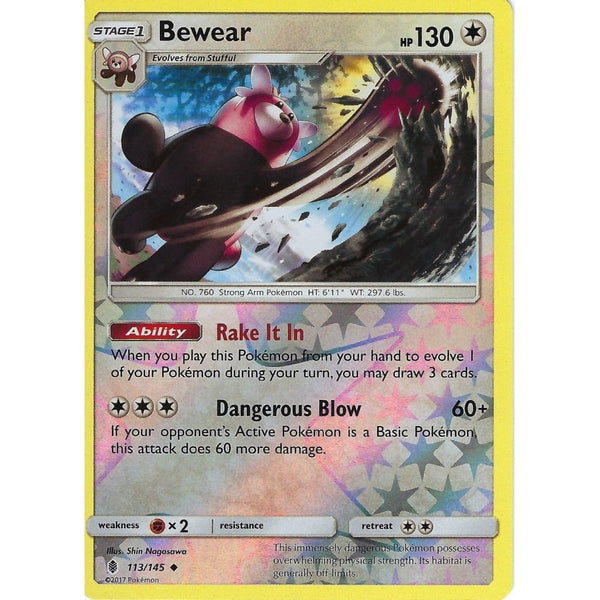 Pokemon Sun &amp; Moon Guardians Rising Card: BEWEAR - 113/145 - REVERSE HOLO