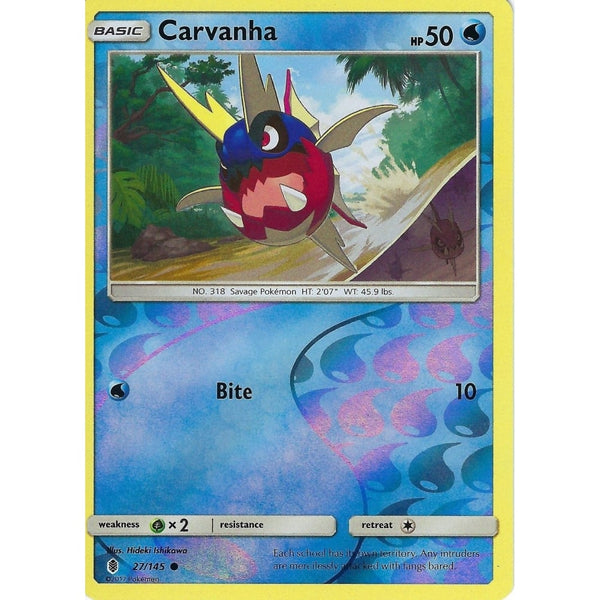 Pokemon Sun &amp; Moon Guardians Rising Card: CARVANHA - 27/145 - REVERSE HOLO