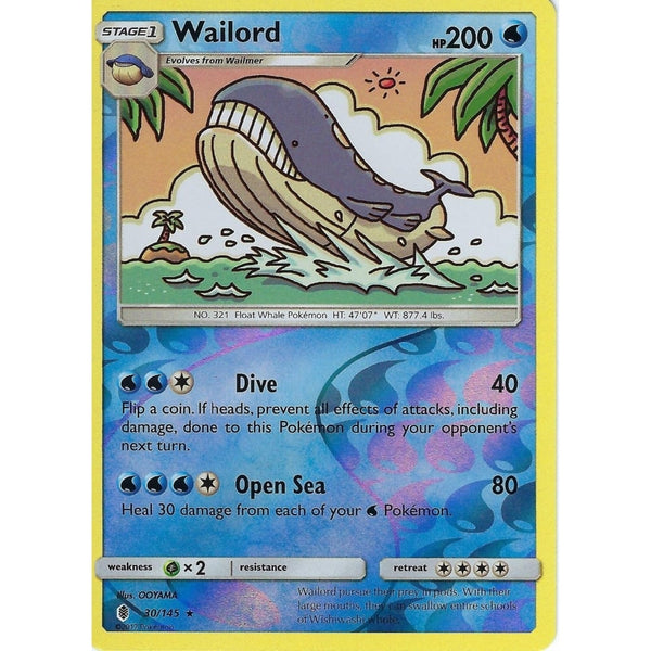 Pokemon Sun &amp; Moon Guardians Rising Card: WAILORD - 30/145 - REVERSE HOLO