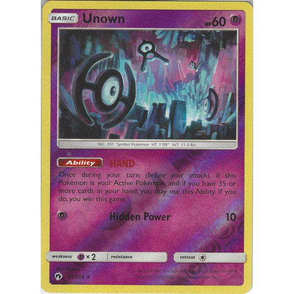 Pokemon Unown - 91/214 - Rare Reverse Holo Card - SM8 Lost Thunder
