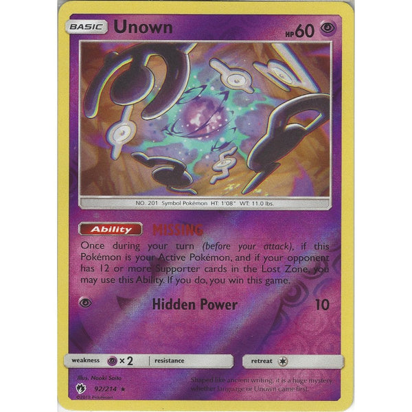 Pokemon Unown - 92/214 - Rare Reverse Holo Card - SM8 Lost Thunder
