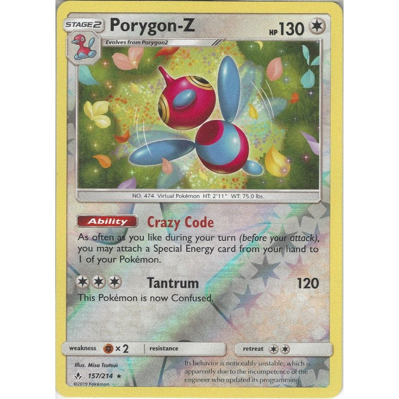 Porygon-Z - 157/214 - Rare Reverse Holo Card - SM10 Unbroken Bonds - Recaptured LTD Porygon-Z - 157/214 - Rare Reverse Holo Card - SM10 Unbroken Bonds - Recaptured LTD